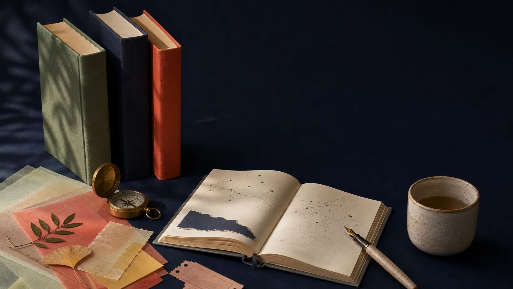 Cuaderno, brújula, libros y objetos creativos sobre una mesa azul noche